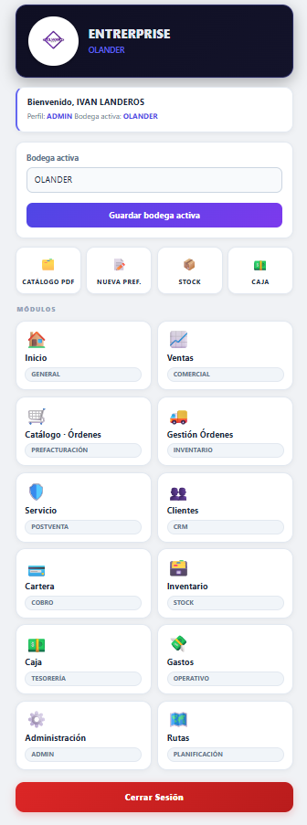 OLANDER ERP versión web móvil