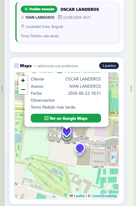 Correría GPS — mapa de visitas geolocalizadas OLANDER ERP